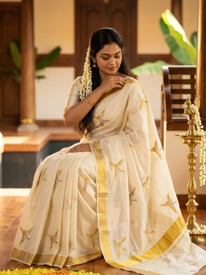 Flying Crane Zari Kerala Set Saree