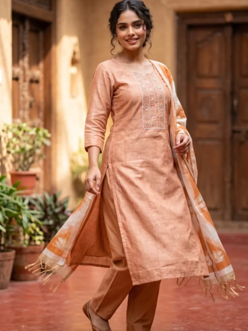 Peach Linen Slub Suit Set with Chanderi Shawl