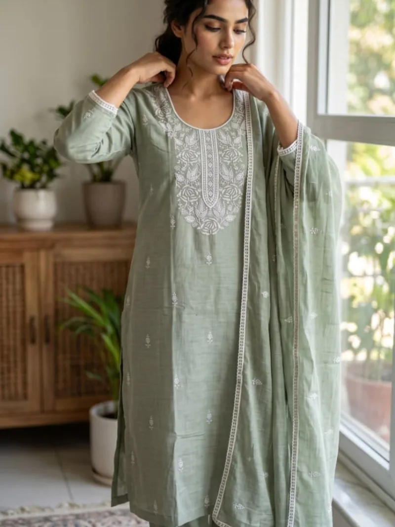 Sage Green Khadi Linen Chikankari Suit Set