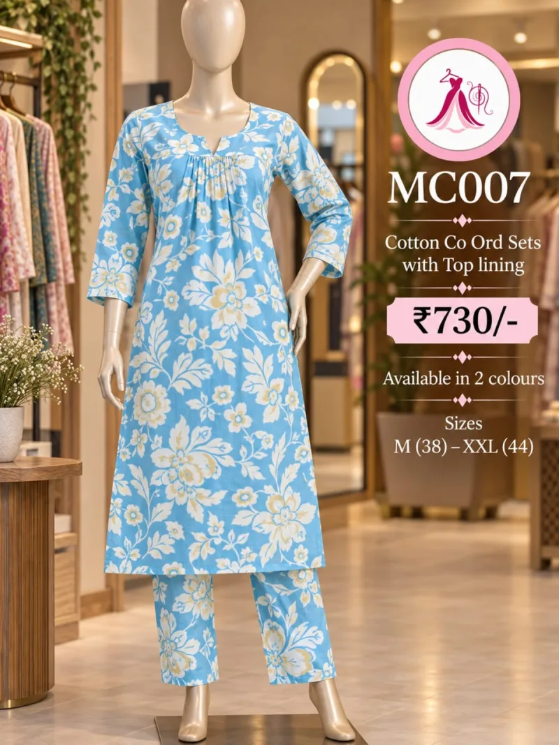 Floral Design Cotton CoOrd Set with Top Lining