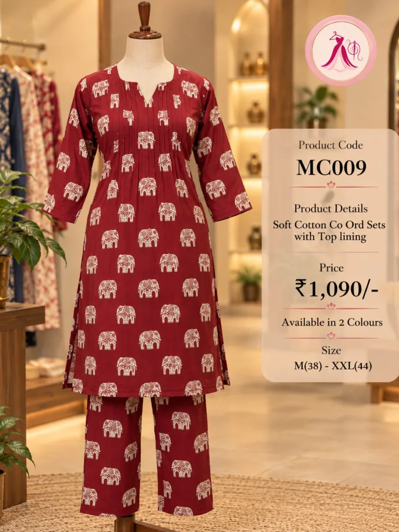 Cotton Elephant Design CoOrd Set with Top Lining