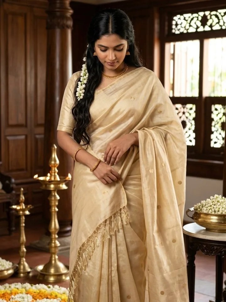 Golden Dot Tissue Kerala Set Saree