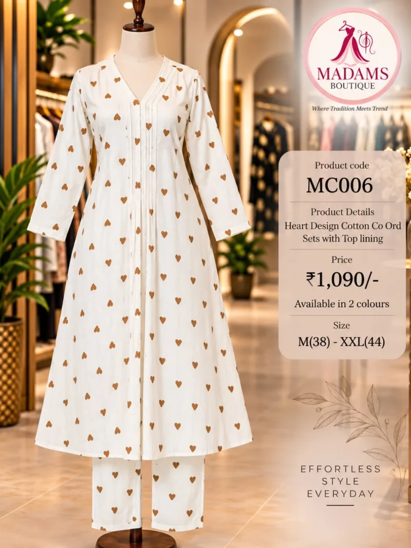 Heart Design Cotton CoOrd Set with Top Lining