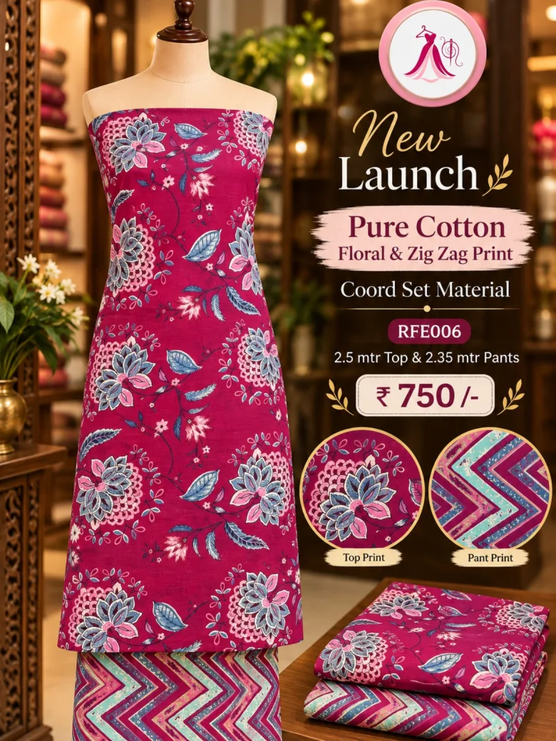 Pure Cotton Floral Design CoOrd Set Material