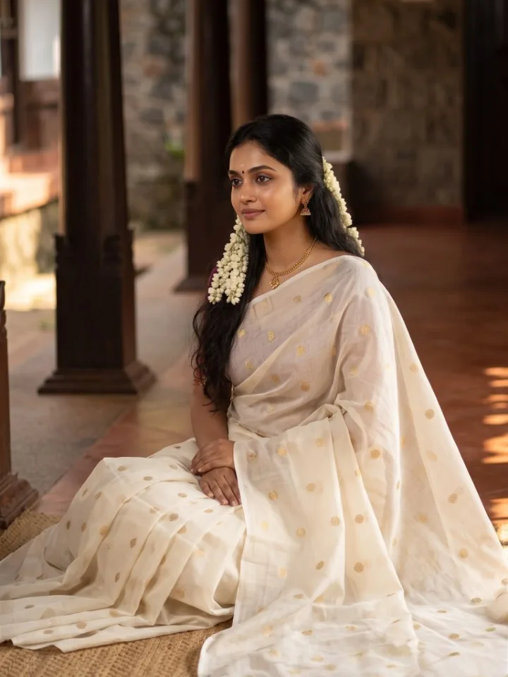 Golden Polka Butta Mul Cotton Saree