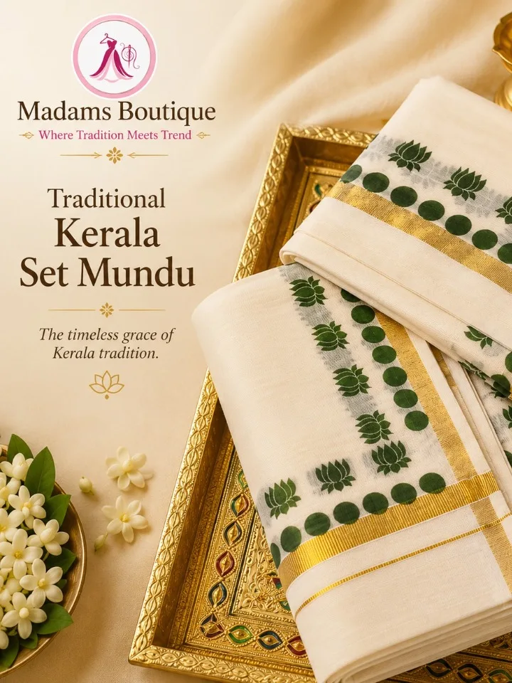 Lotus Print Zari Border Kerala Set Mundu