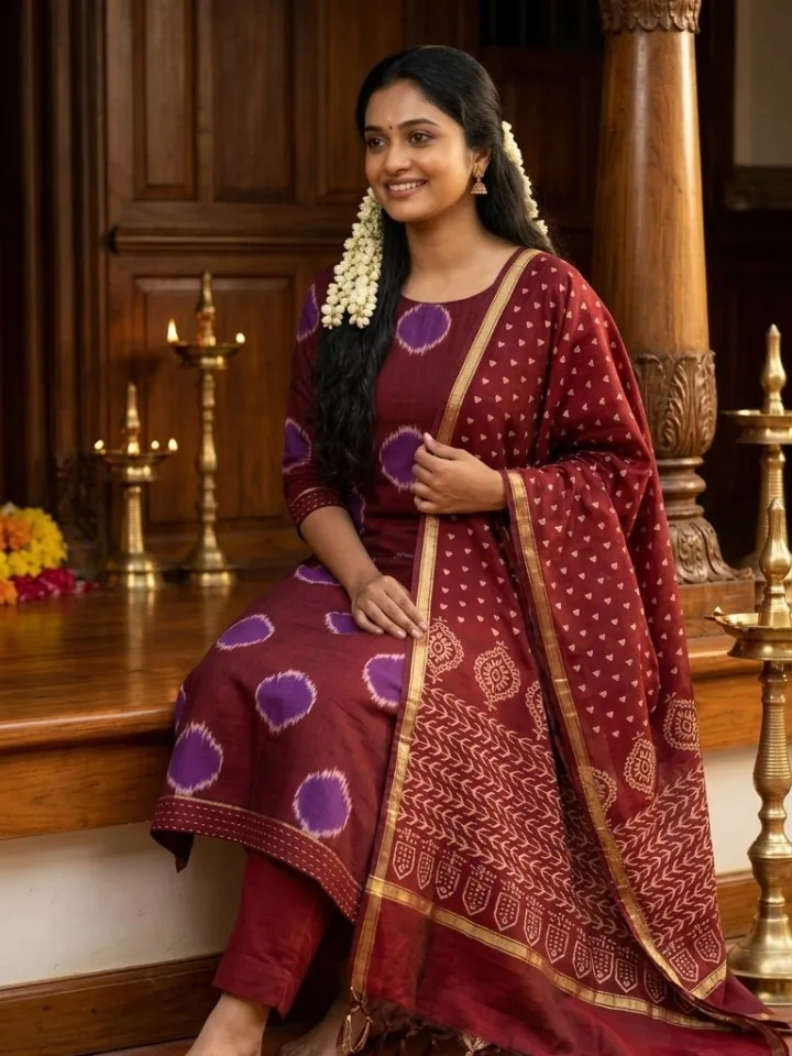 Unstitched 3-piece suit set - Pochampally Ikat with Chanderi Dupatta