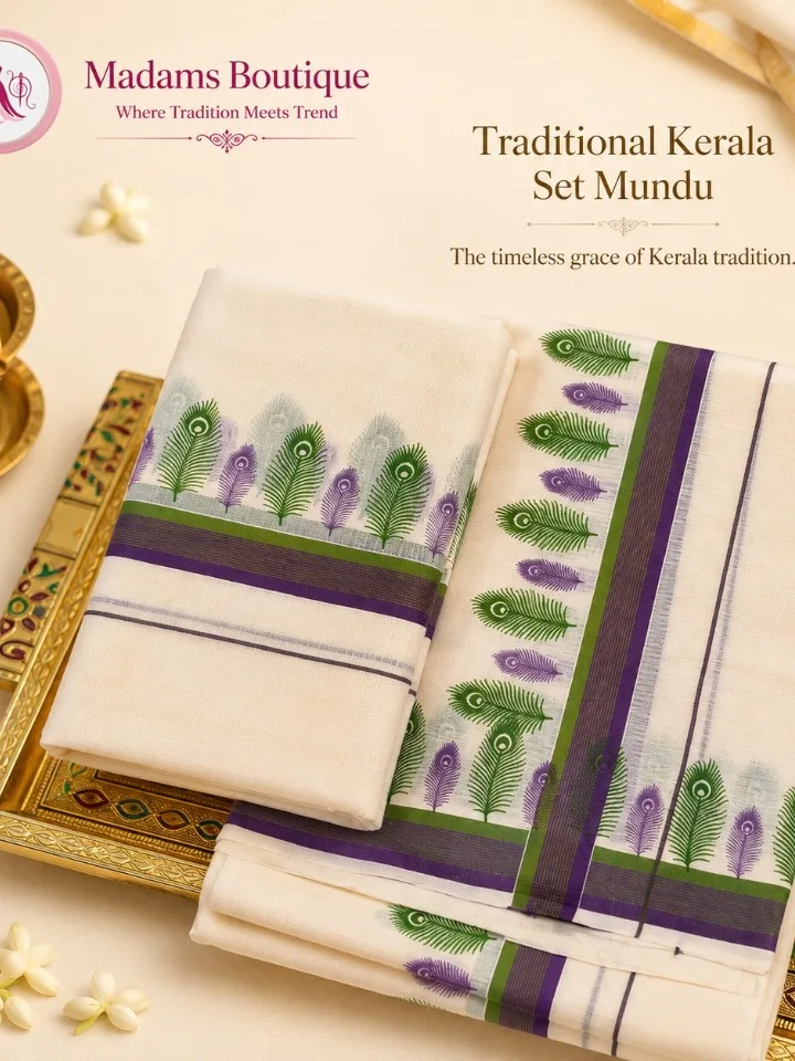 Peacock Feather Border Kerala Set Mundu