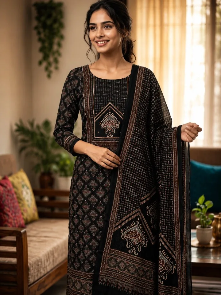 Ajrak-Inspired 3-Piece Suit Material