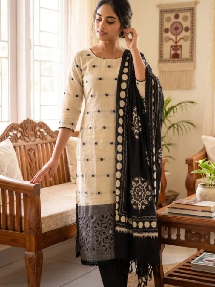 Ivory–Black Khadi Cotton Appliqué Suit Set