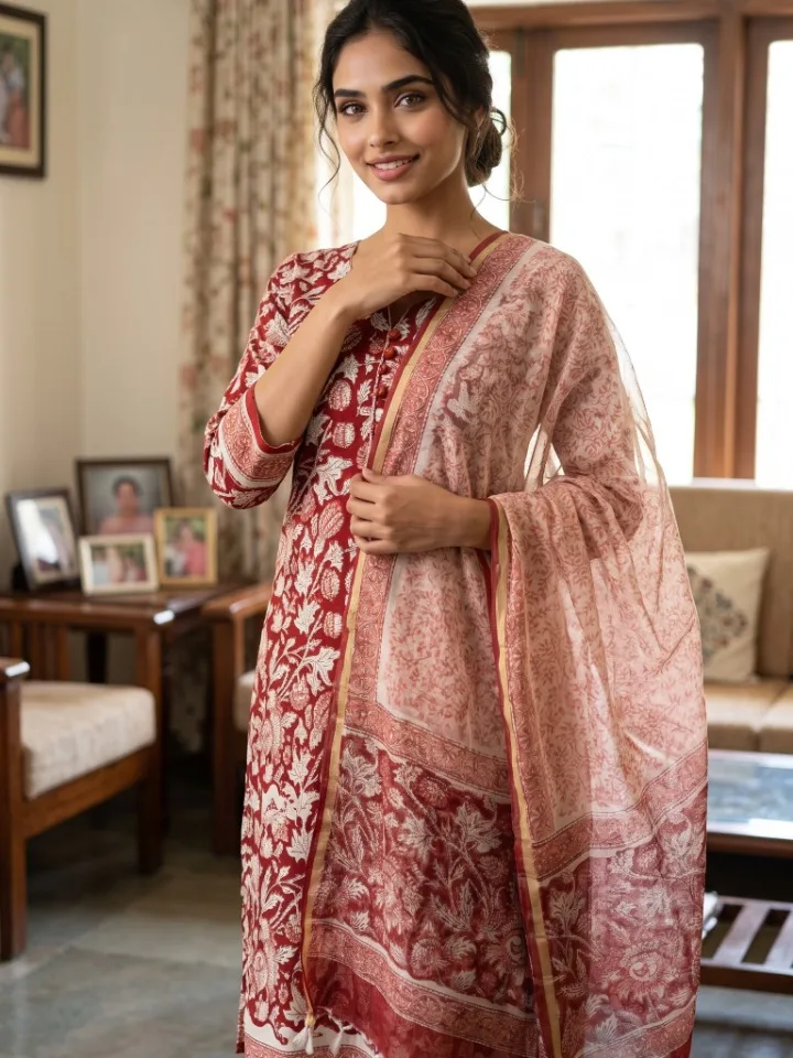 Crimson Jaipuri Block Print Cotton Suit Set
