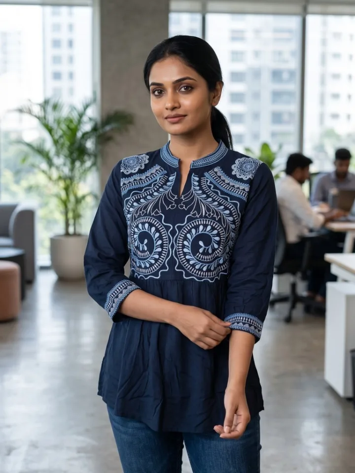 Navy Blue Embroidered Rayon Short Top