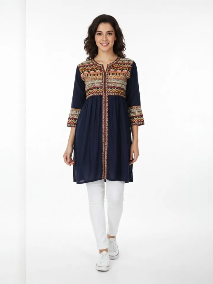 Navy Blue Ethnic Embroidered Rayon Top