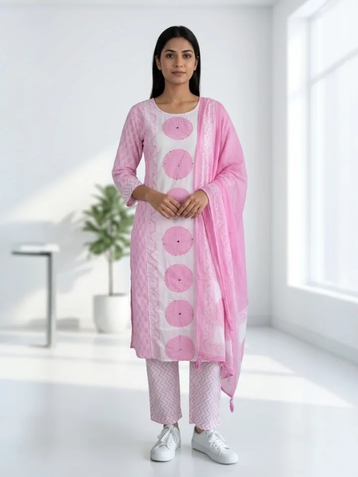 Pink & White Printed Cotton Three-Piece Set