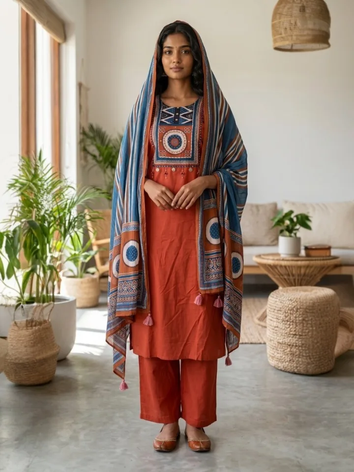Rust & Indigo Ethnic Three-Piece Suit Set