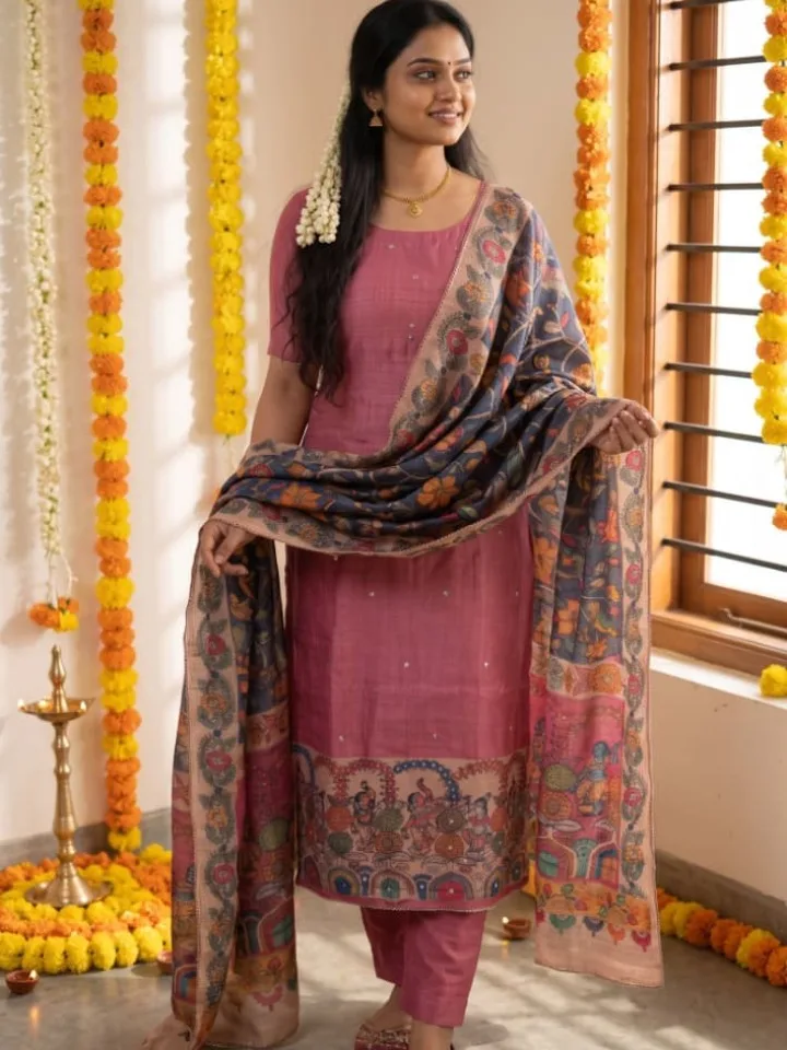 Mithila Art Ghicha Tussar Silk Unstitched 3-piece Suit Set