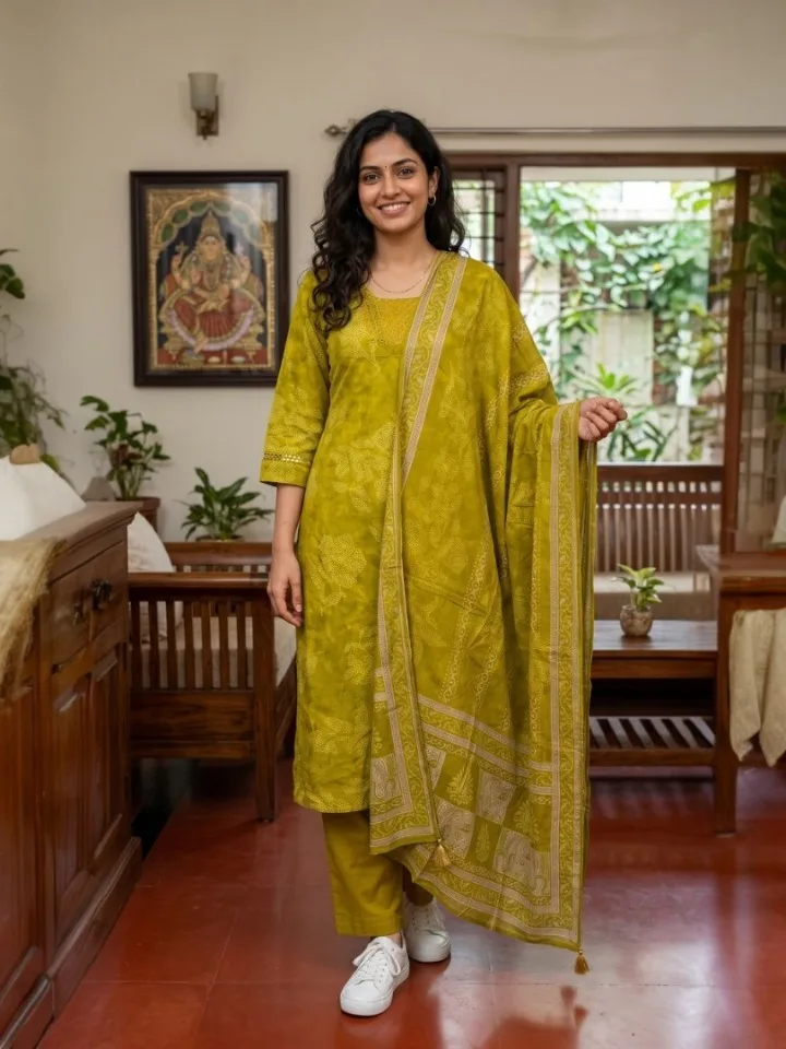 Mehendi Green Cotton Yoke Suit Set