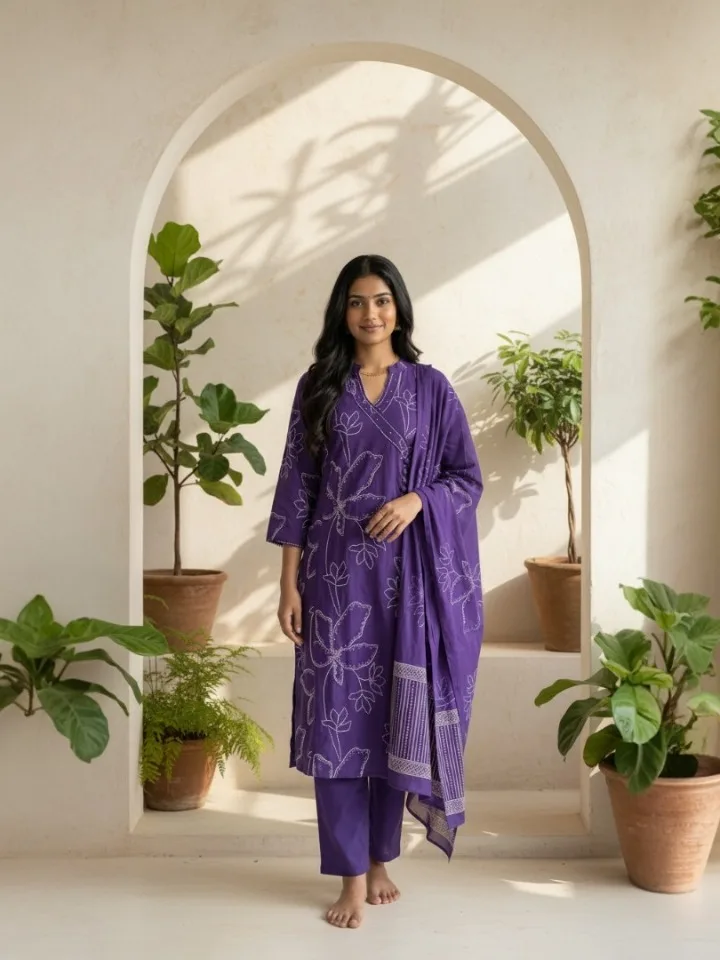 Deep Purple Floral Jaipur Print Suit Set