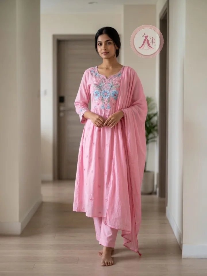 Pink Floral Embroidered Cotton Flared Set with top lining
