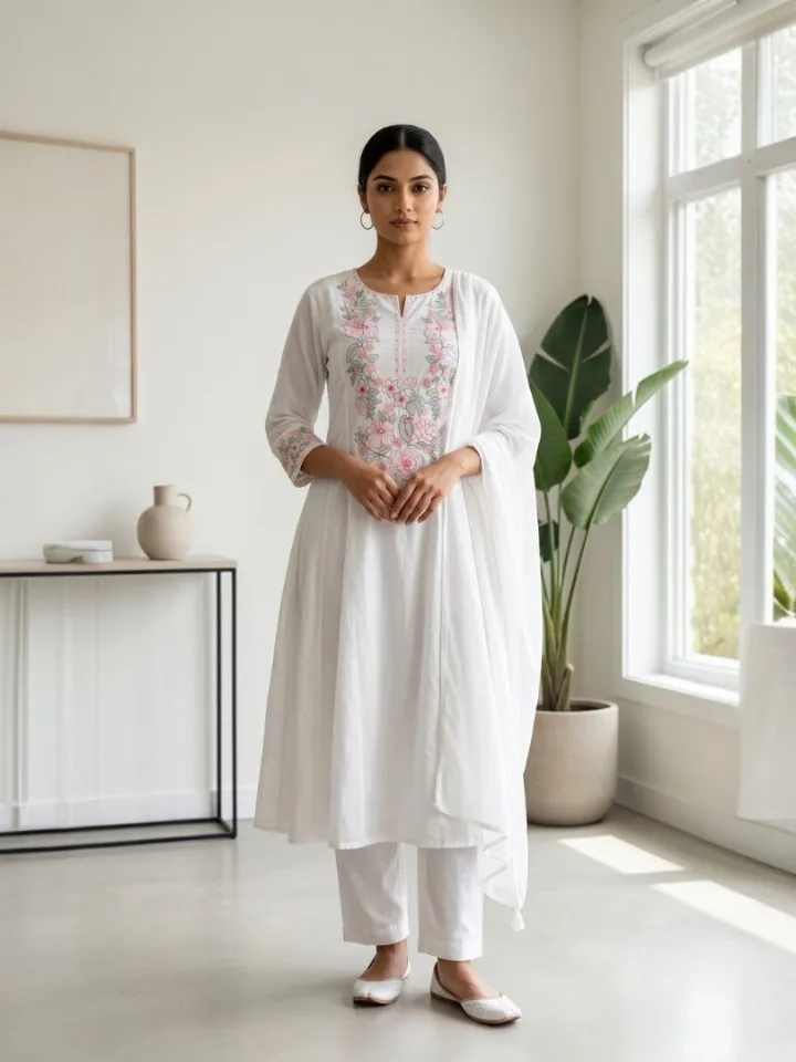 White Floral Embroidered Anarkali Set