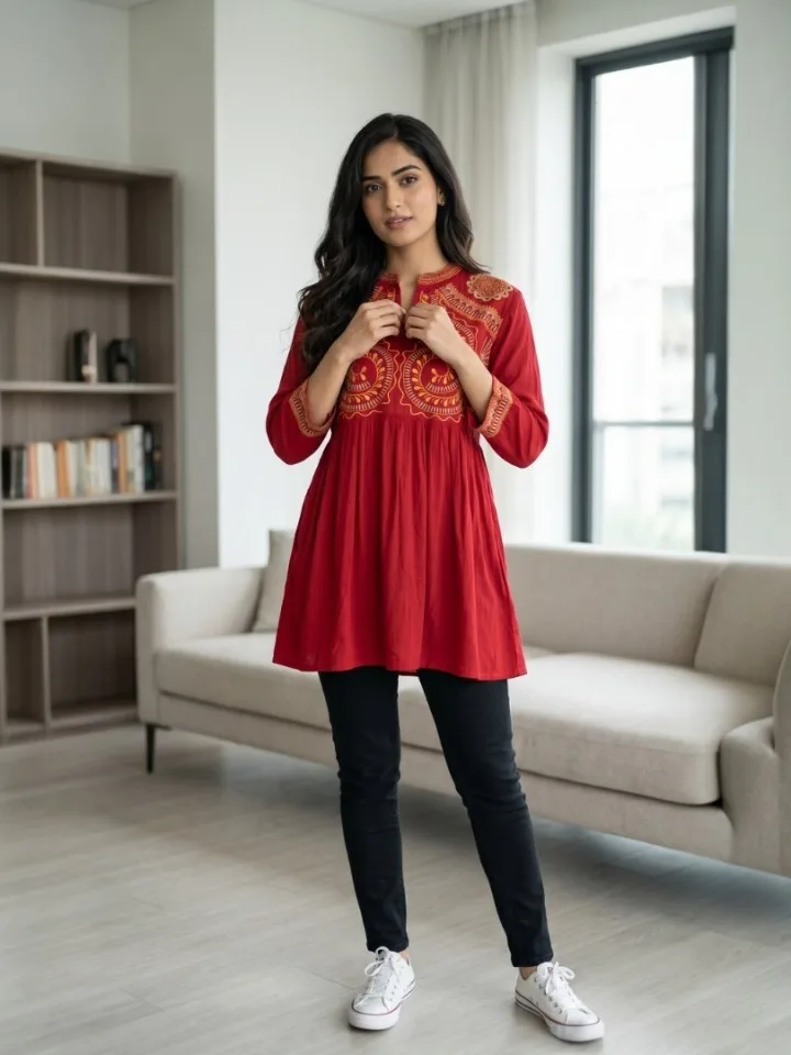 Red Embroidered Flared Kurti Top