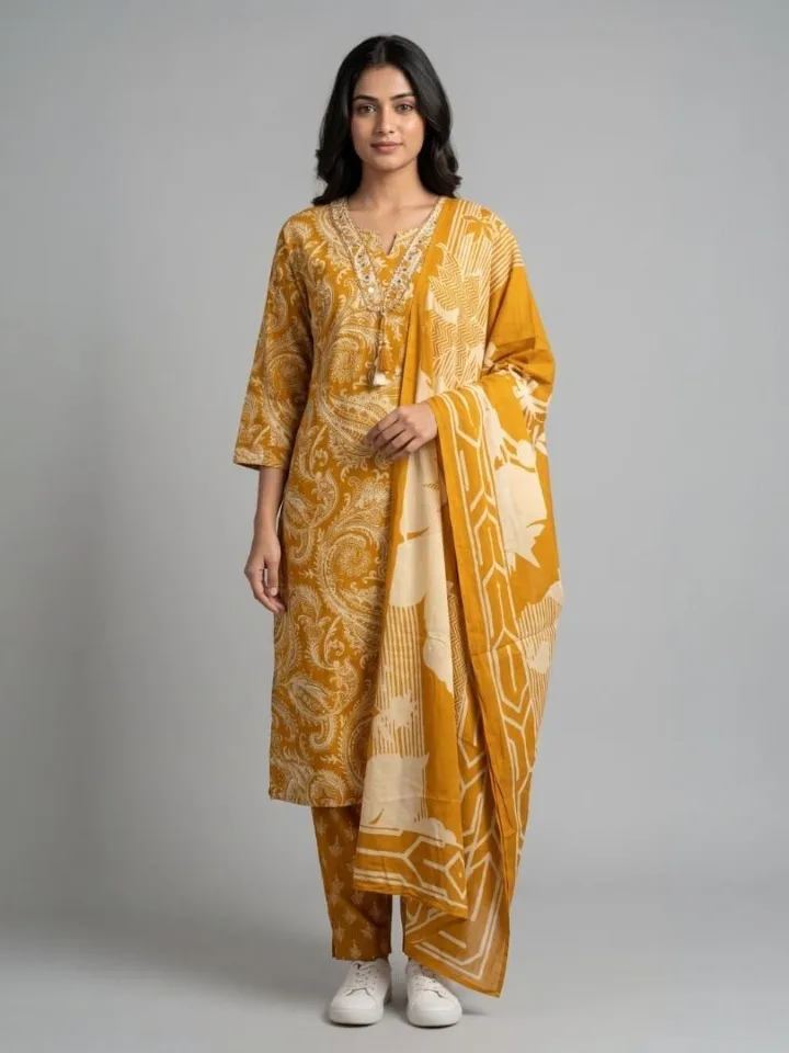 Mustard Paisley Printed Kurta Set