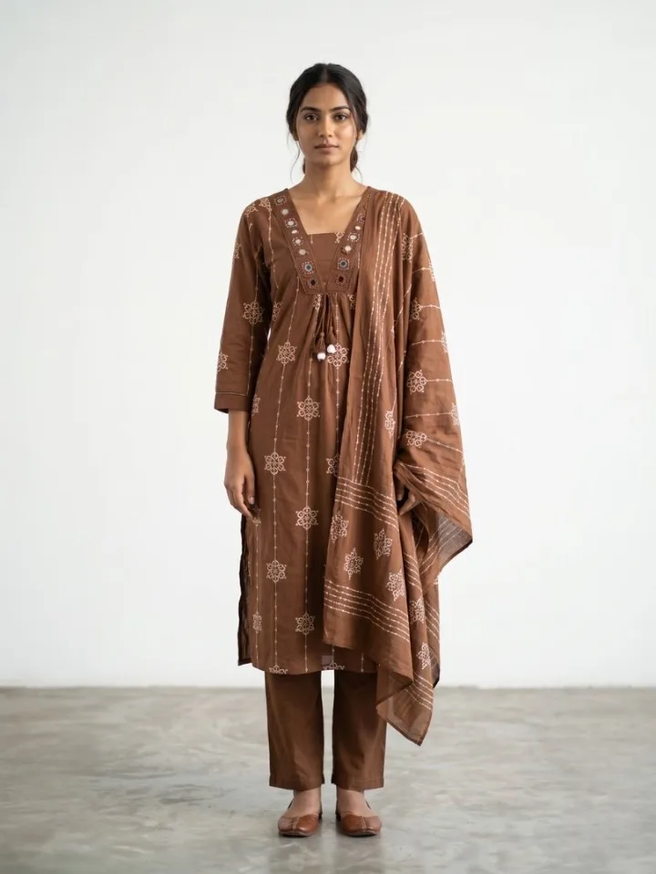 Cocoa Embroidered Kurta Set with Dupatta
