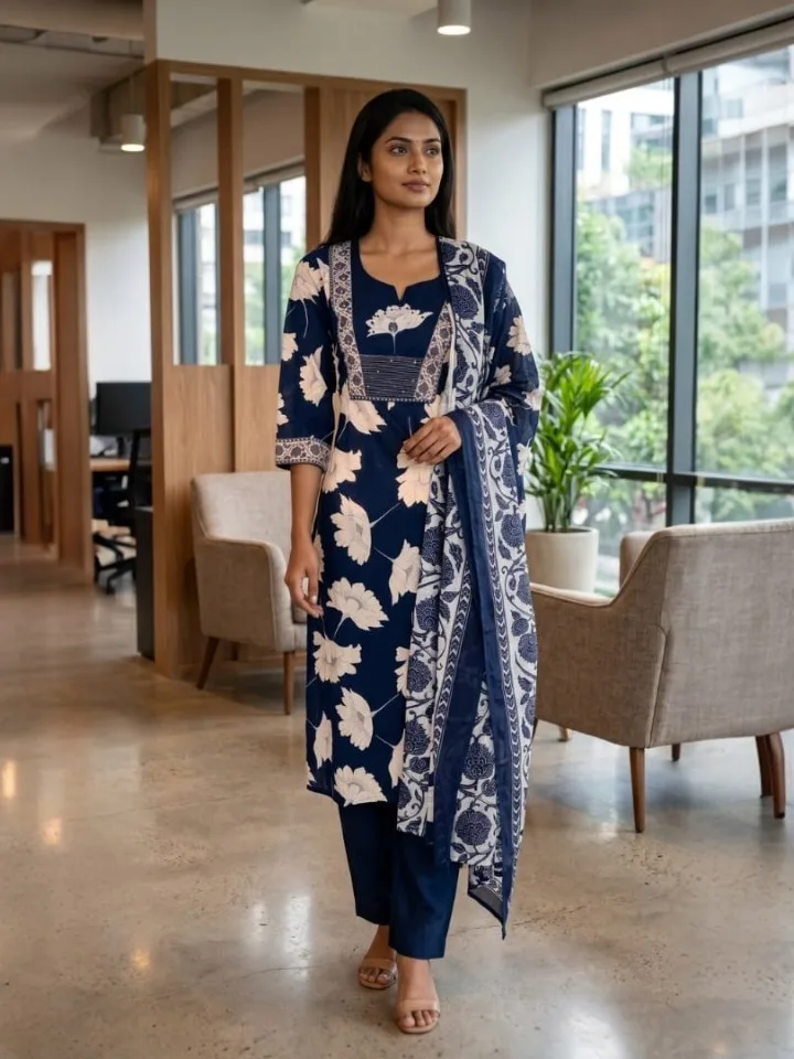 Navy Floral Printed Kurta Set with Dupatta