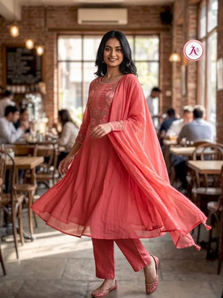 Coral Embroidered Anarkali Suit Set