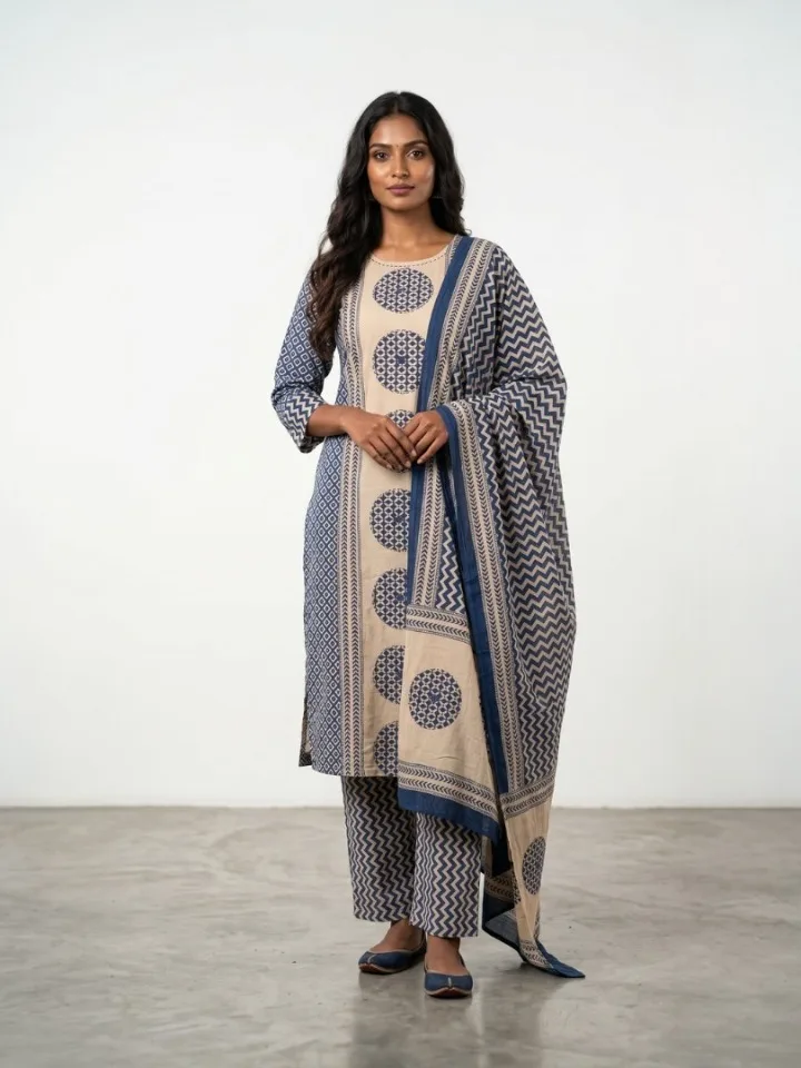 Indigo Chevron Printed Readymade Suit Set