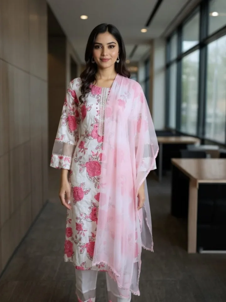 Pink Rose Floral Three-Piece Suit Set
