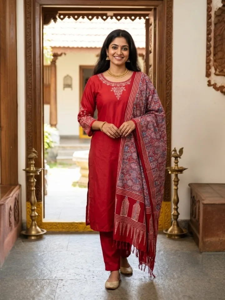 Crimson Paisley Modal Three-Piece Suit Set
