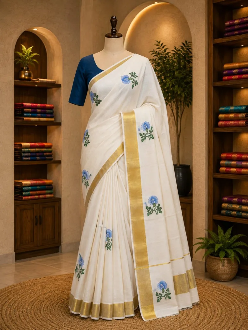 Ivory Blue Blossom Zari Kerala Set Saree