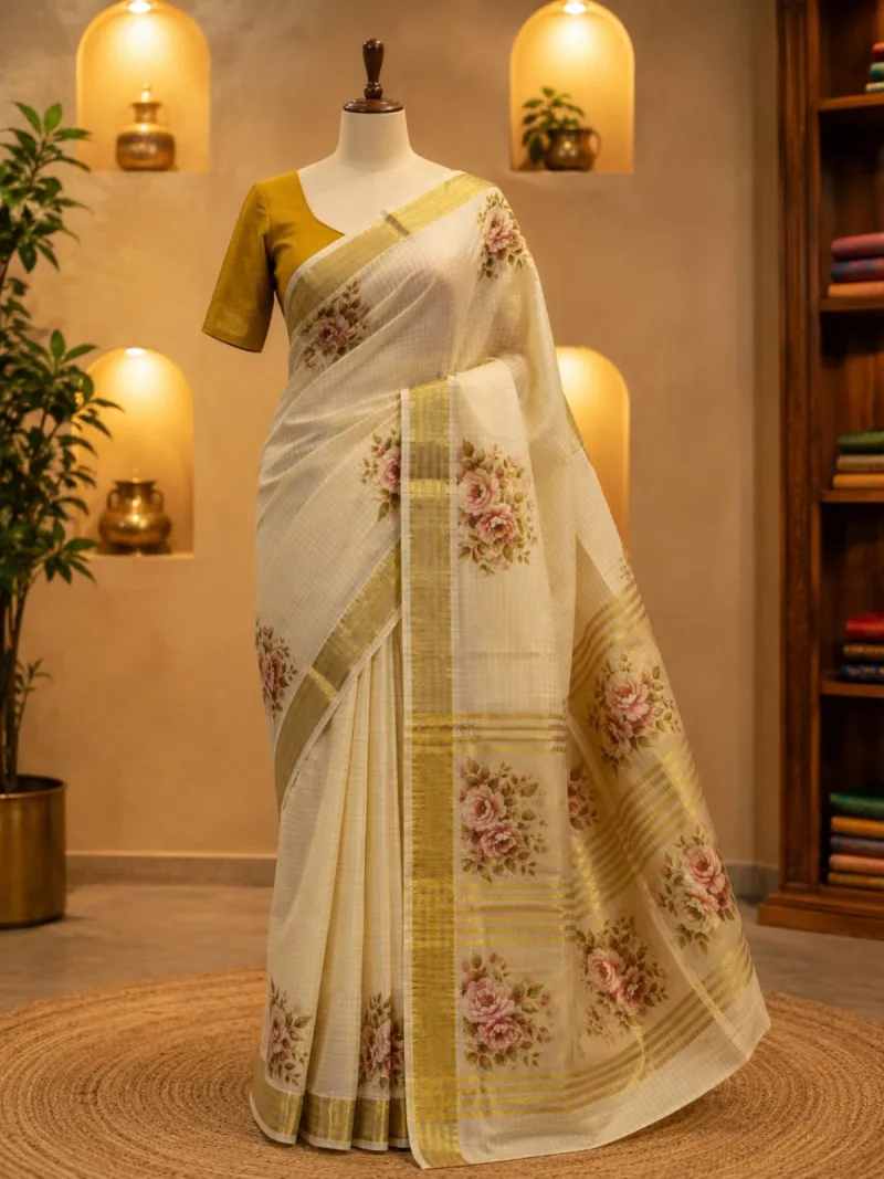 Vintage Rose Zari Kerala Set Saree