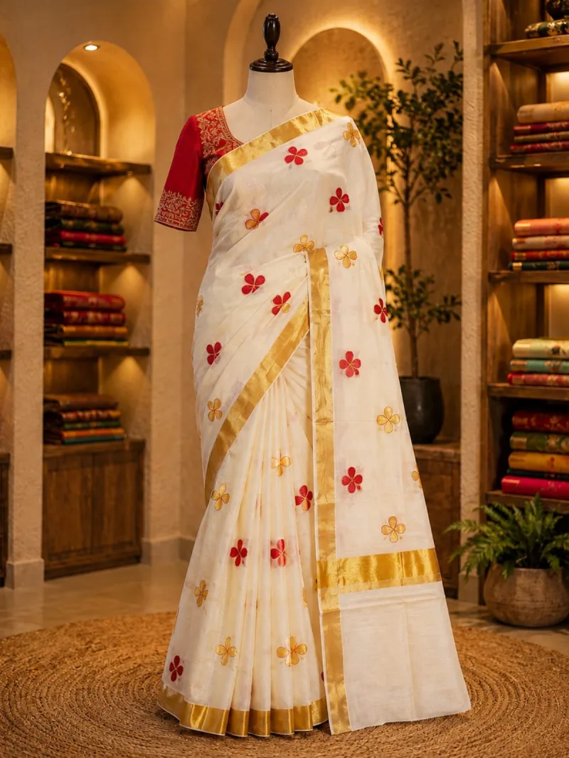 Crimson Bloom Zari Kerala Set Saree
