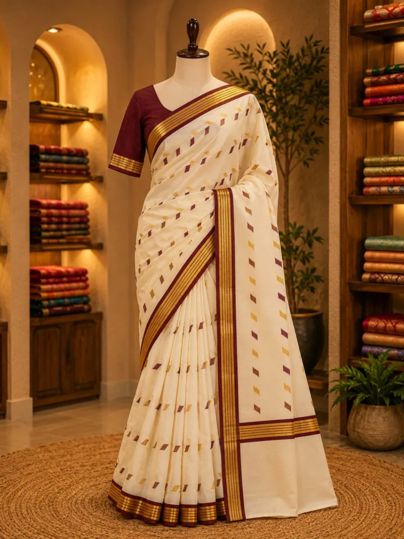 Maroon & Green Geometric design Set Saree