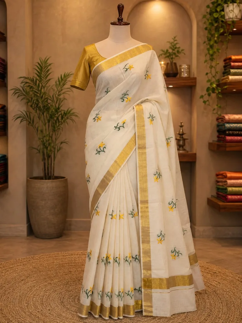 Golden Bloom Embroidered Kerala Set Saree