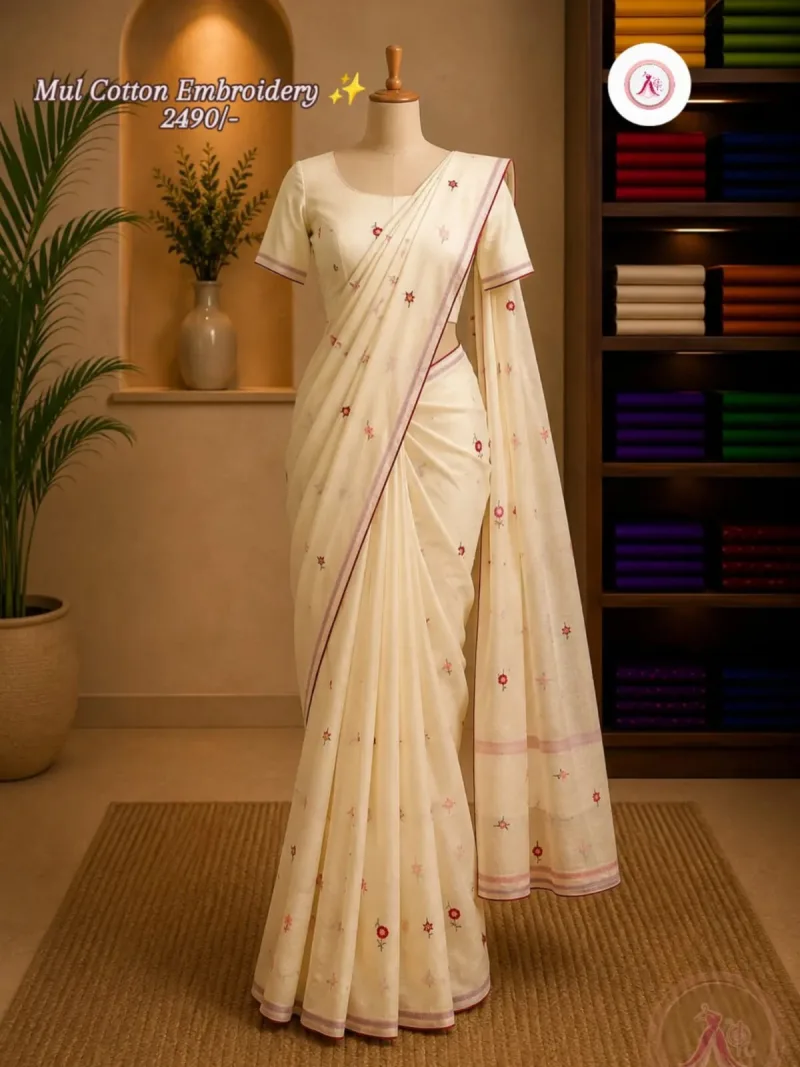 Cream & White Floral Mul Cotton Set Saree