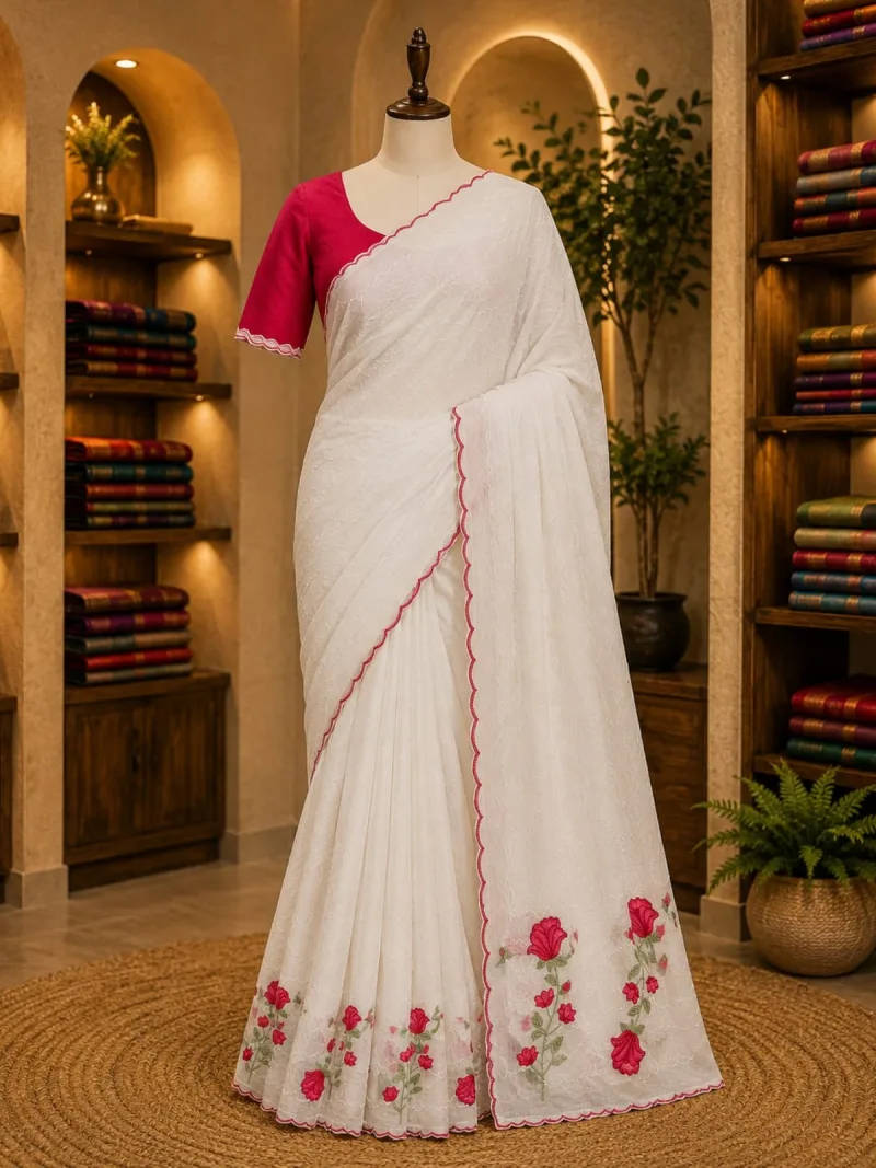 Ivory Floral Mul Chanderi Set Saree
