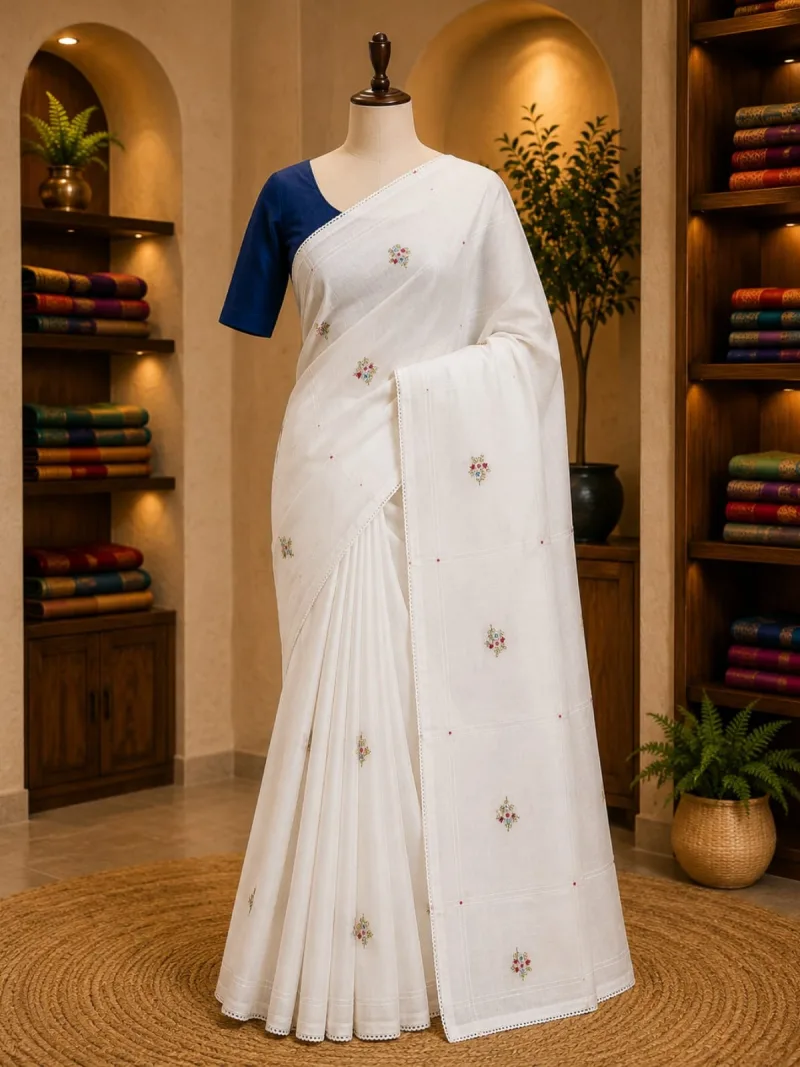 Ivory Floral Mul Chanderi Set Saree