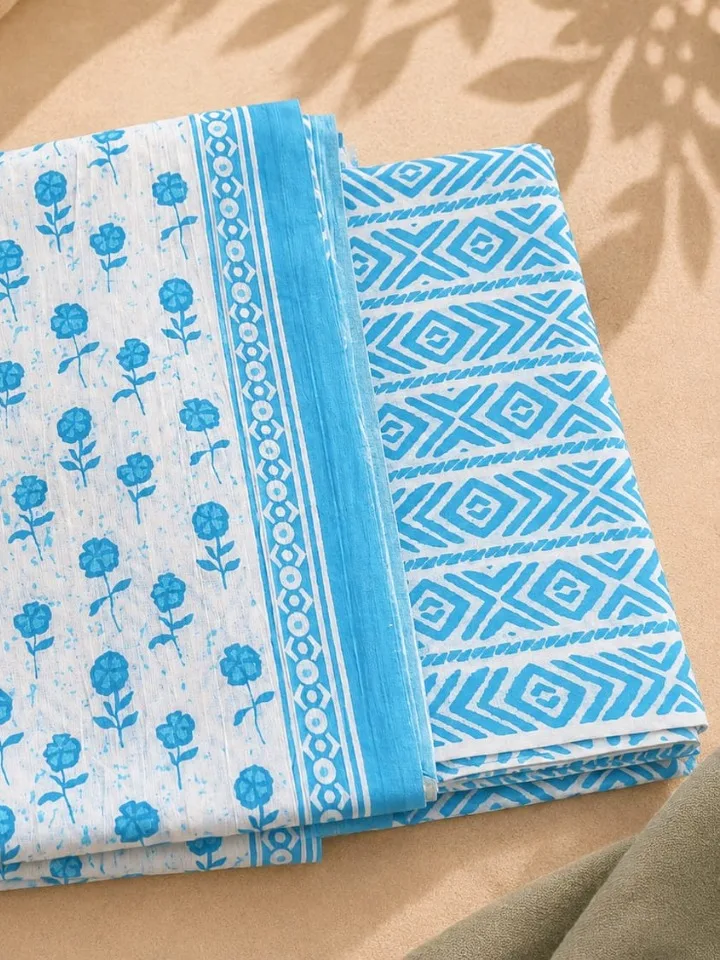 Jaipur Cotton Aqua Floral 3-Piece Suit Set