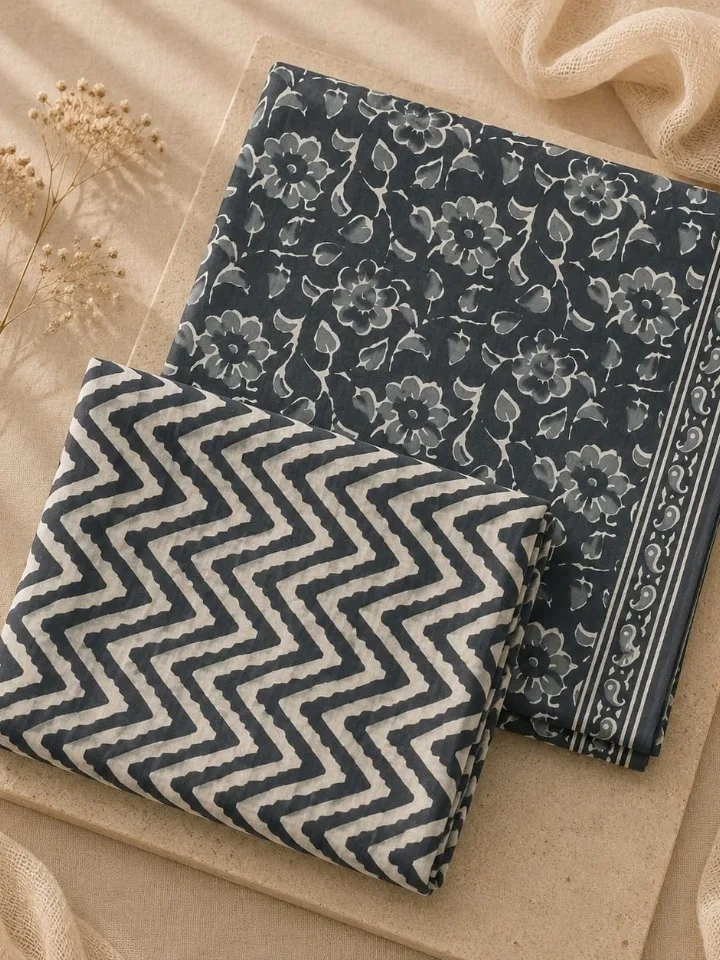 Jaipur Cotton Charcoal Floral Block Print Set
