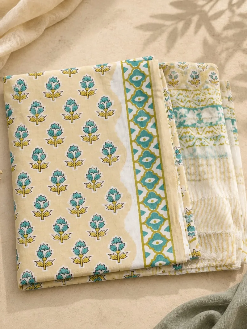 Teal Floral Block Print 3-Piece Suit Set