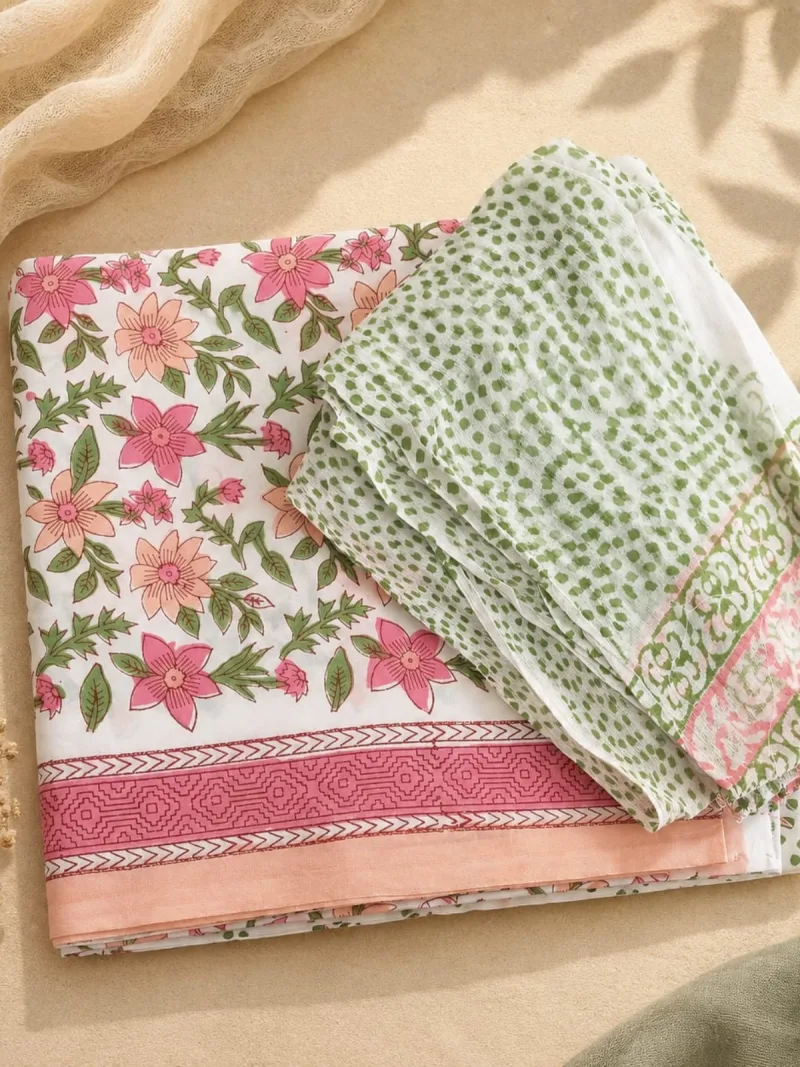 Pink Floral Cotton Suit Set with Georgette Shawl