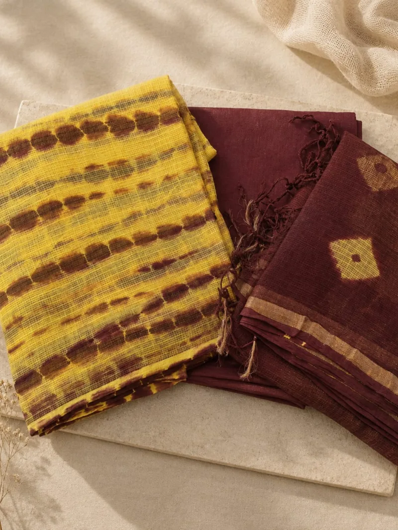Mustard Tie-Dye Cotton Suit with Georgette Shawl