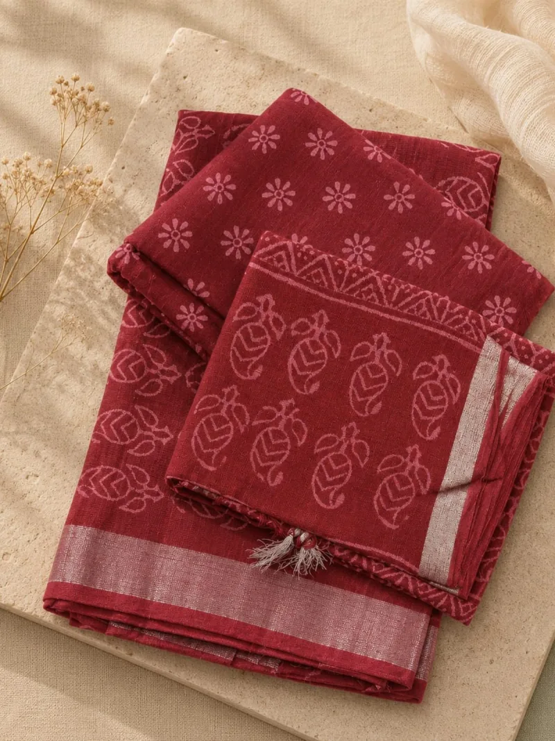 Maroon Block Print Linen Cotton 3-Piece Suit Set