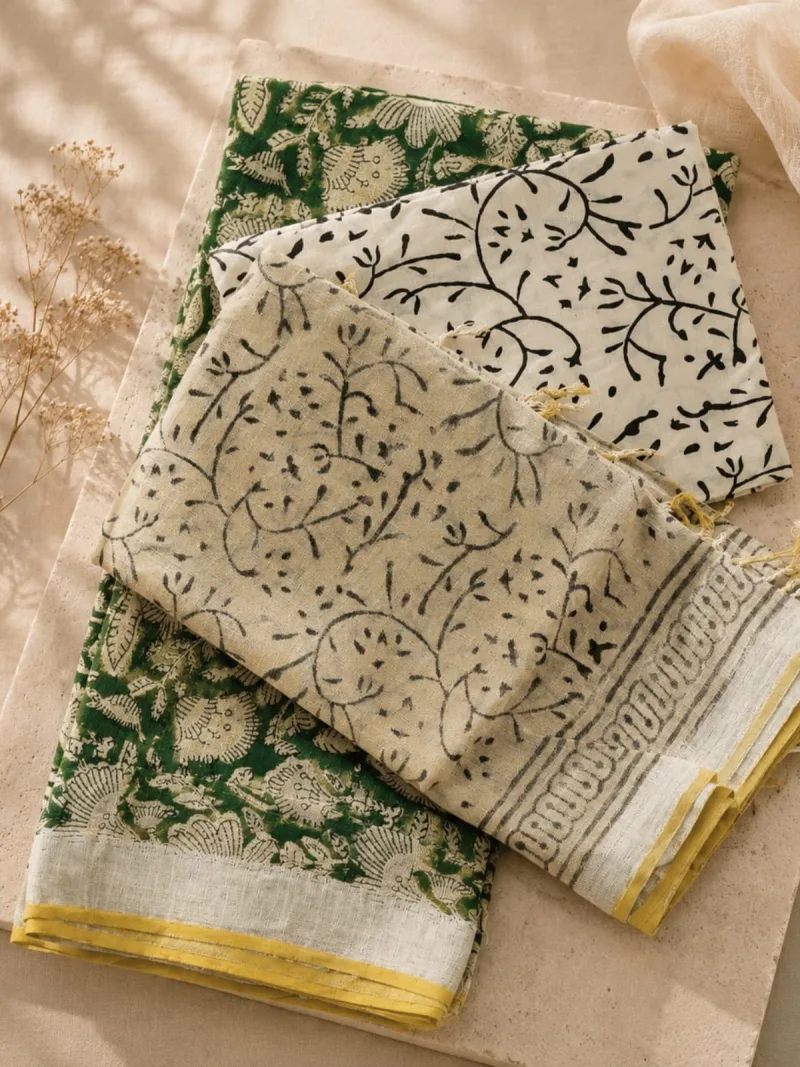 Green Floral Linen Cotton 3-Piece Suit Set