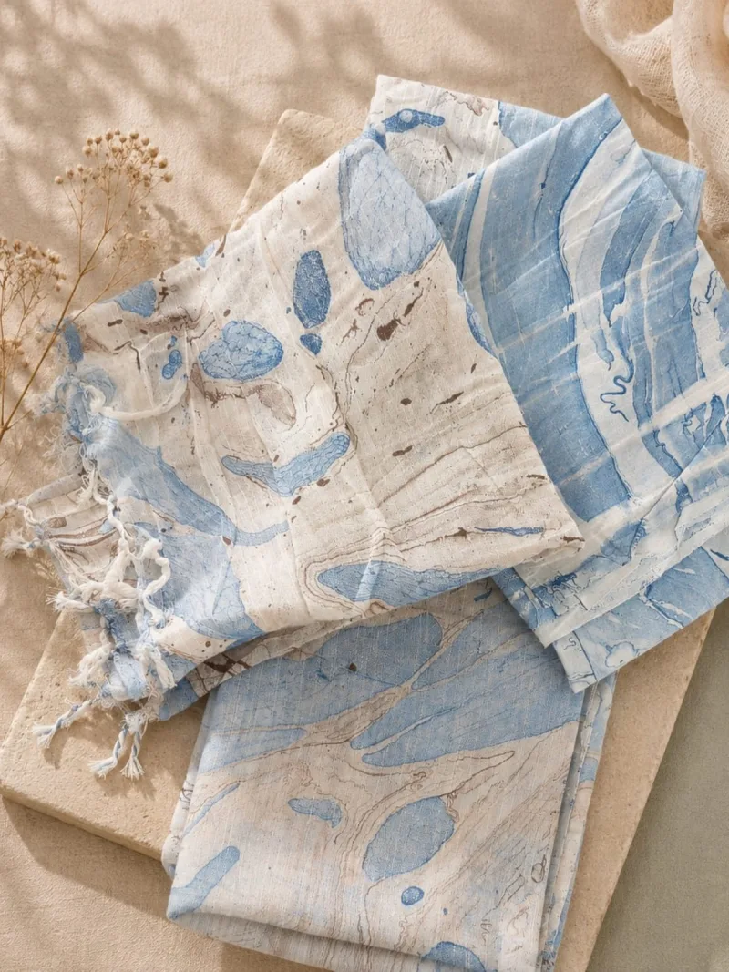 Sky Blue Abstract Linen Cotton 3-Piece Suit Set