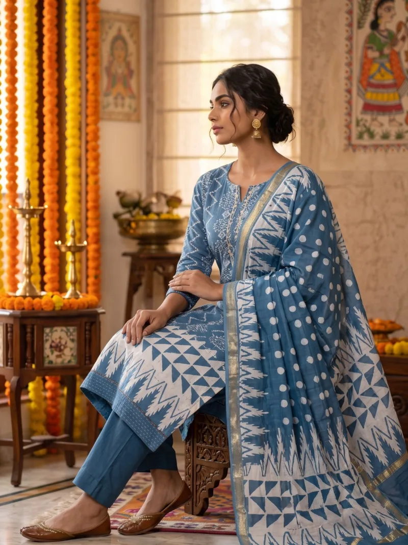 Teal Hakoba Suit Set with Ikat Shawl